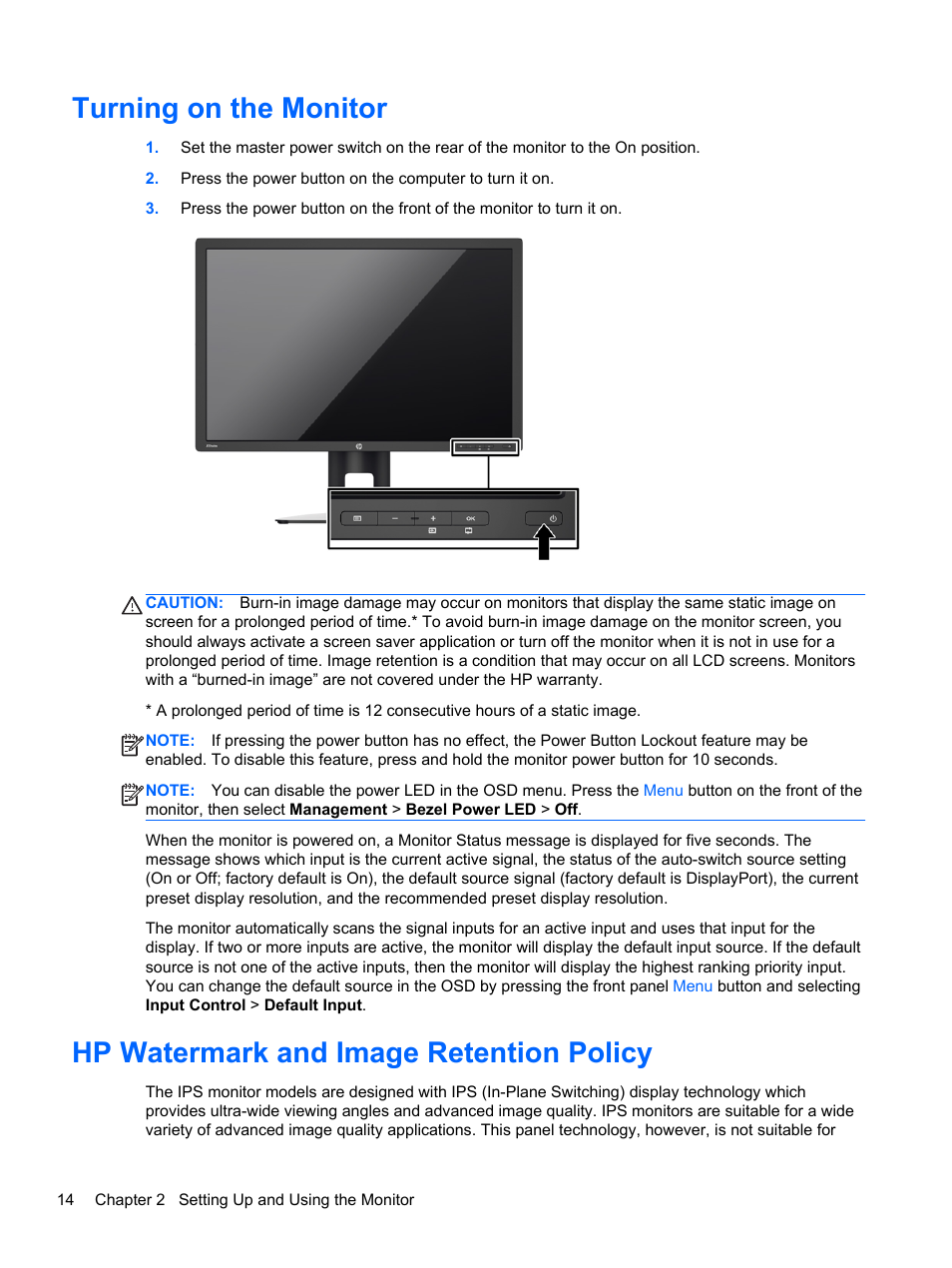 Turning on the monitor, Hp watermark and image retention policy | HP Z Display Z27i 27-inch IPS LED Backlit Monitor User Manual | Page 20 / 38
