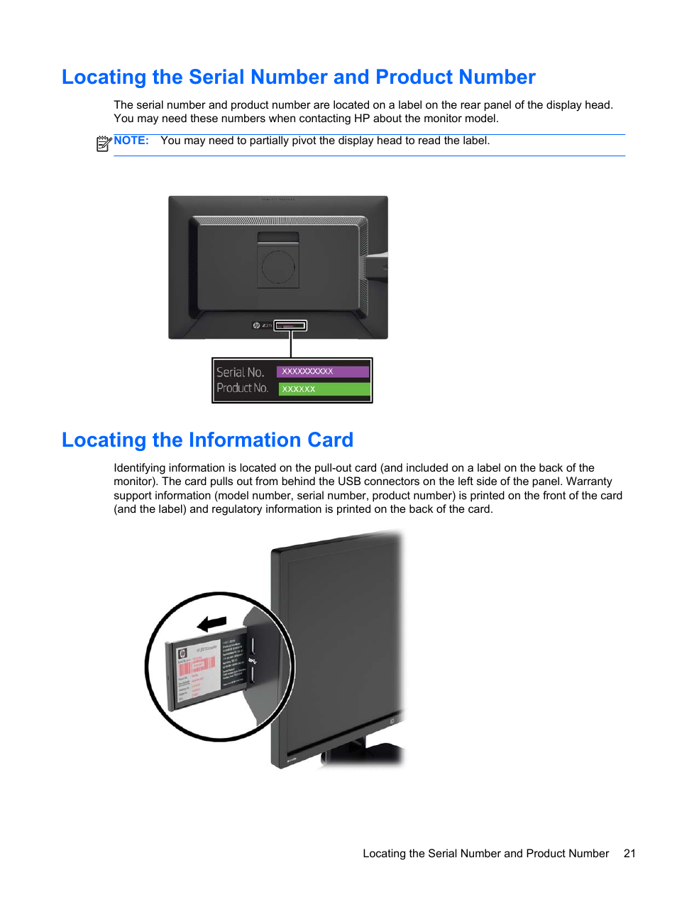 Locating the serial number and product number, Locating the information card | HP Z Display Z27i 27-inch IPS LED Backlit Monitor User Manual | Page 27 / 38