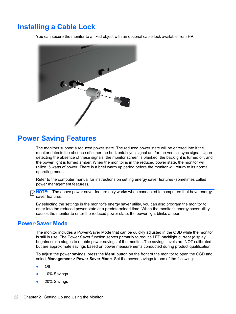 Installing a cable lock, Power saving features, Power-saver mode | Installing a cable lock power saving features | HP Z Display Z27i 27-inch IPS LED Backlit Monitor User Manual | Page 28 / 38