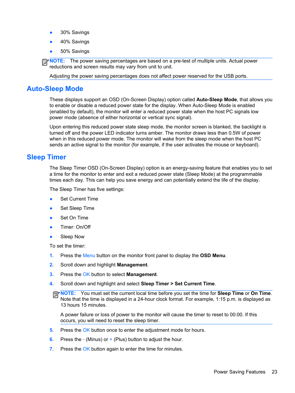 Auto-sleep mode, Sleep timer, Auto-sleep mode sleep timer | HP Z Display Z27i 27-inch IPS LED Backlit Monitor User Manual | Page 29 / 38