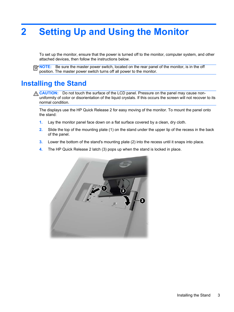 Setting up and using the monitor, Installing the stand, 2 setting up and using the monitor | 2setting up and using the monitor | HP Z Display Z27i 27-inch IPS LED Backlit Monitor User Manual | Page 9 / 38