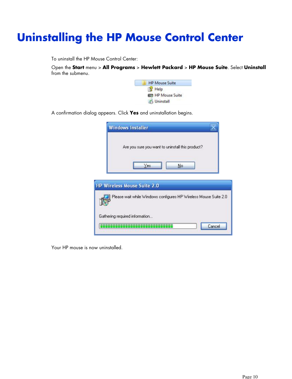 Uninstalling the hp mouse control center | HP X7000 Wi-Fi Touch Mouse User Manual | Page 10 / 32