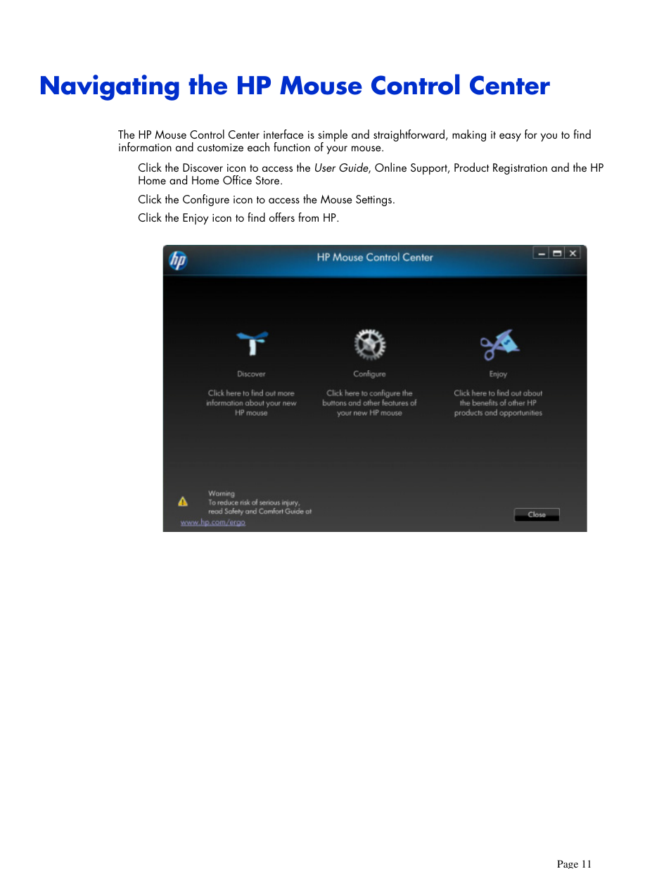Navigating the hp mouse control center | HP X7000 Wi-Fi Touch Mouse User Manual | Page 11 / 32