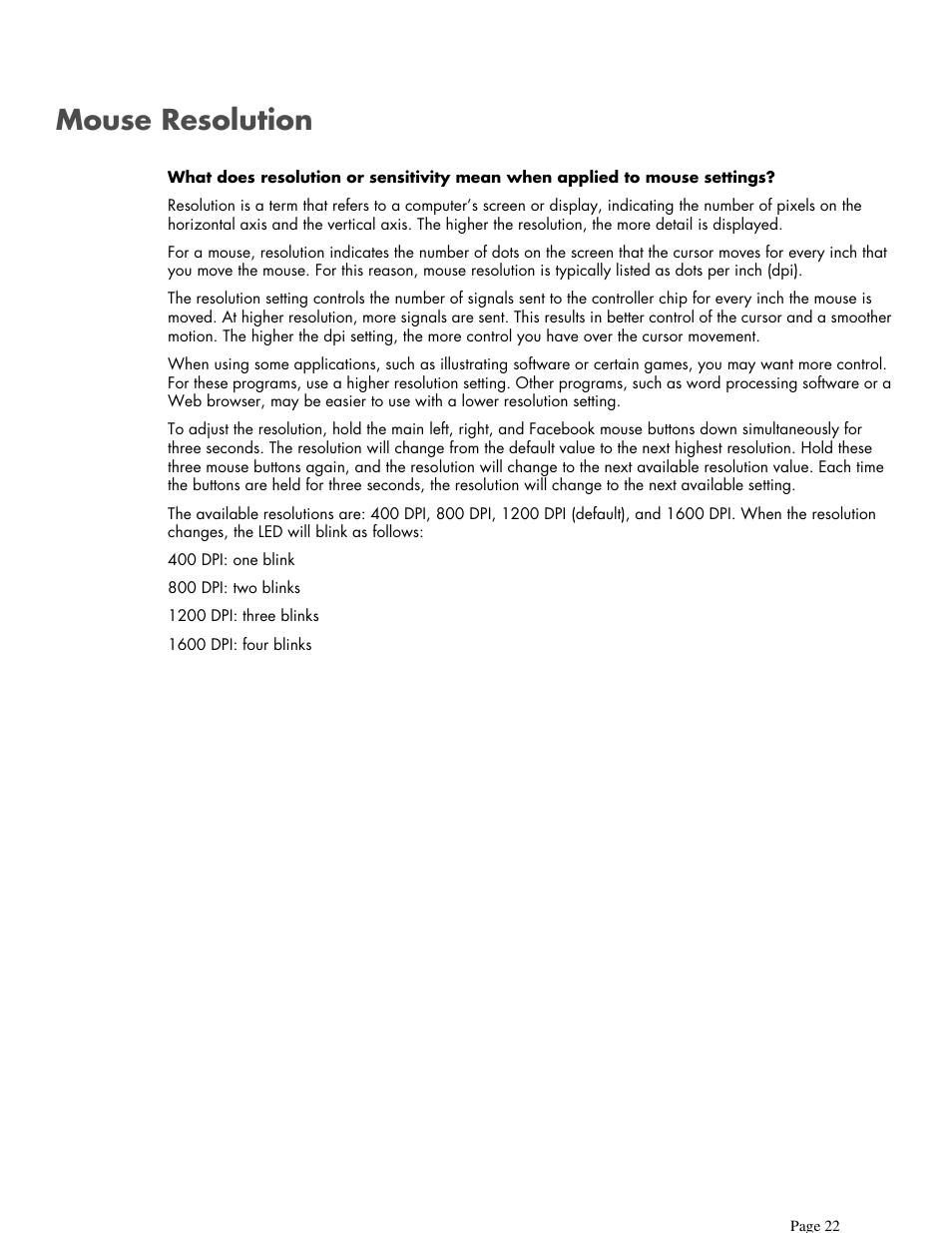 Mouse resolution | HP X7000 Wi-Fi Touch Mouse User Manual | Page 22 / 32