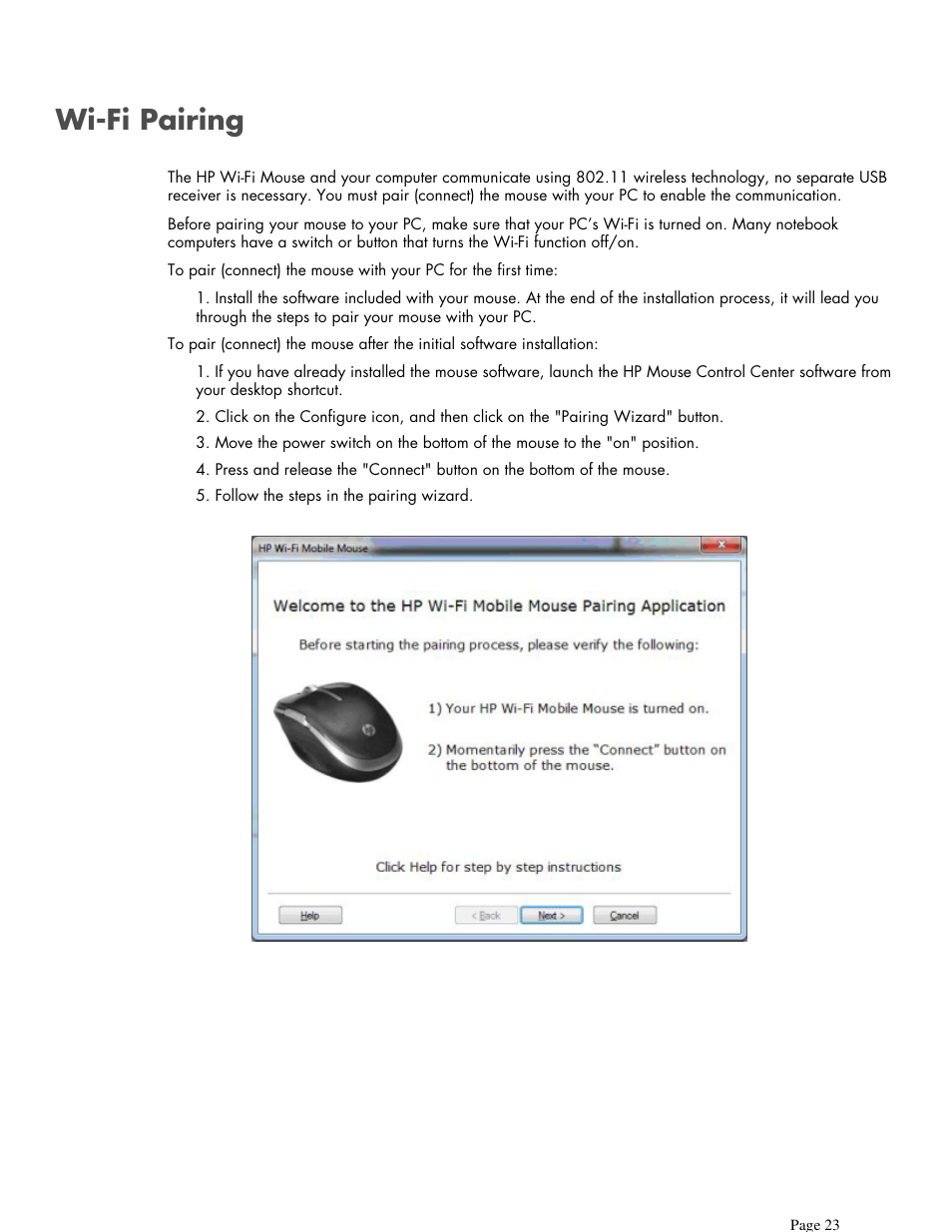 Wi-fi pairing | HP X7000 Wi-Fi Touch Mouse User Manual | Page 23 / 32