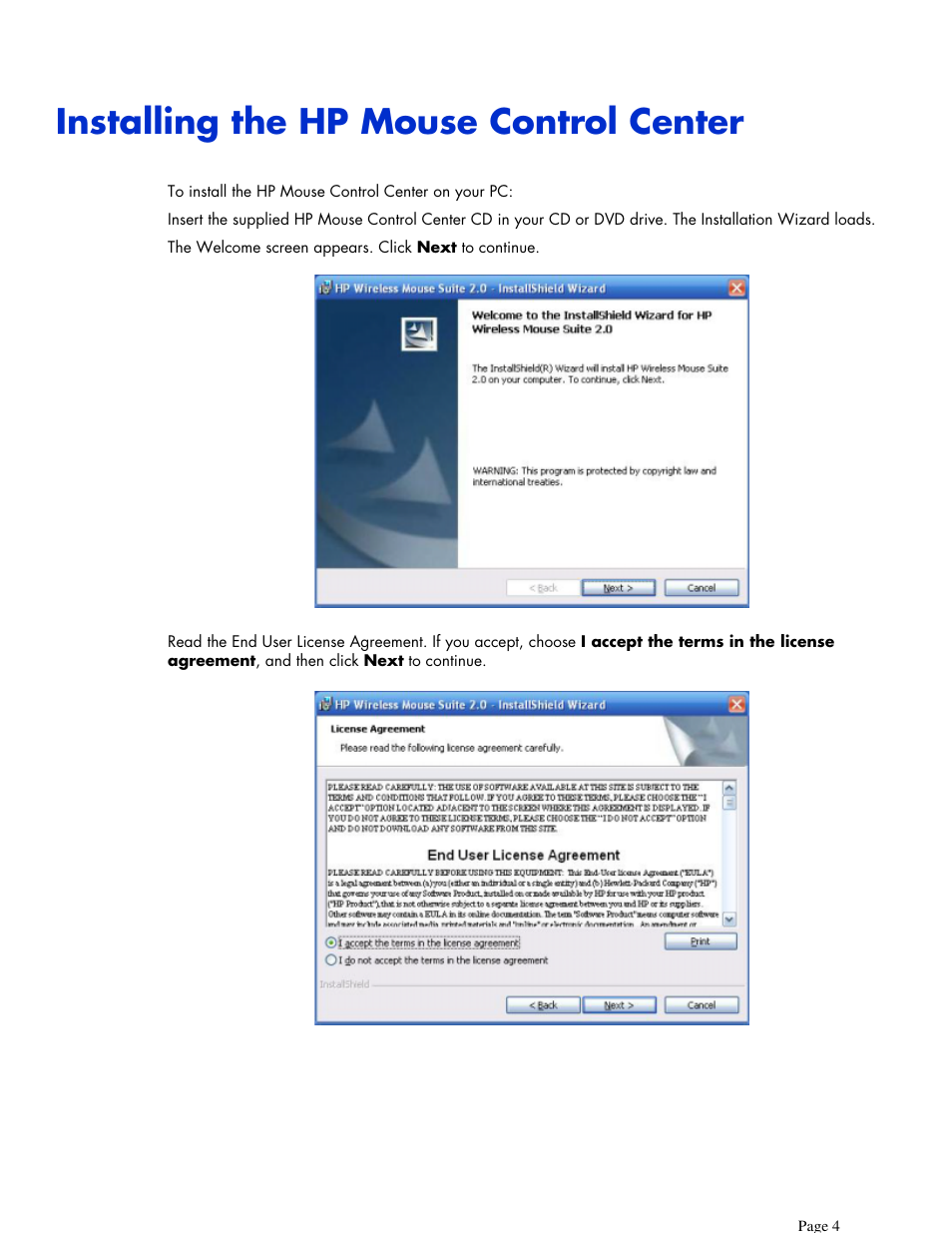 Installing the hp mouse control center | HP X7000 Wi-Fi Touch Mouse User Manual | Page 4 / 32