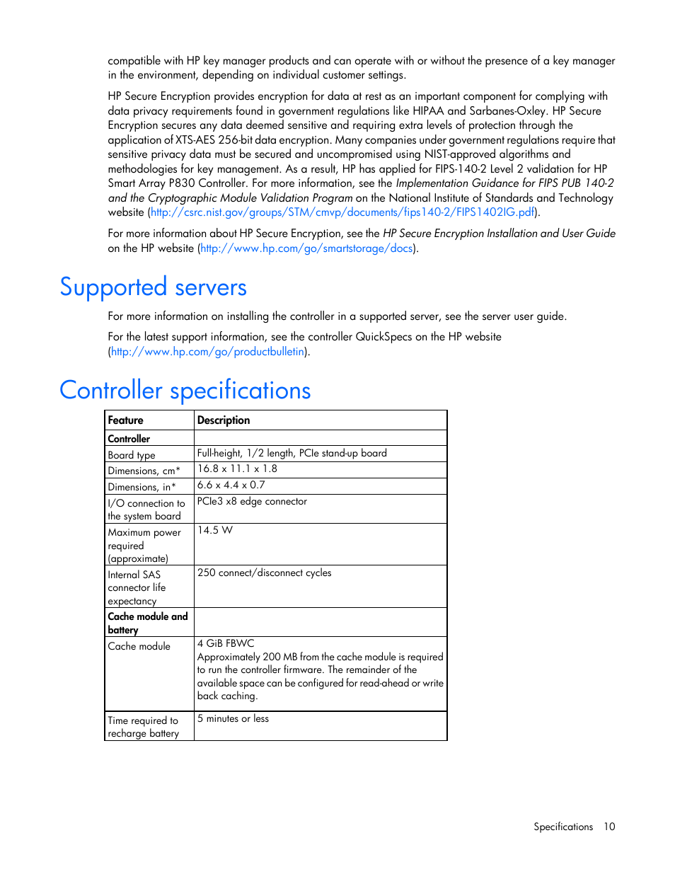 Supported servers, Controller specifications | HP Smart Array P830 Controller User Manual | Page 10 / 45