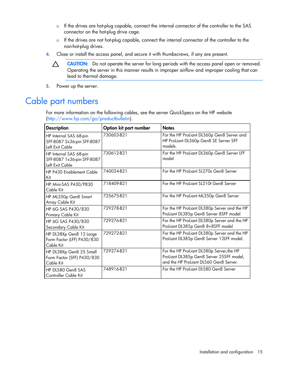 Cable part numbers | HP Smart Array P830 Controller User Manual | Page 15 / 45