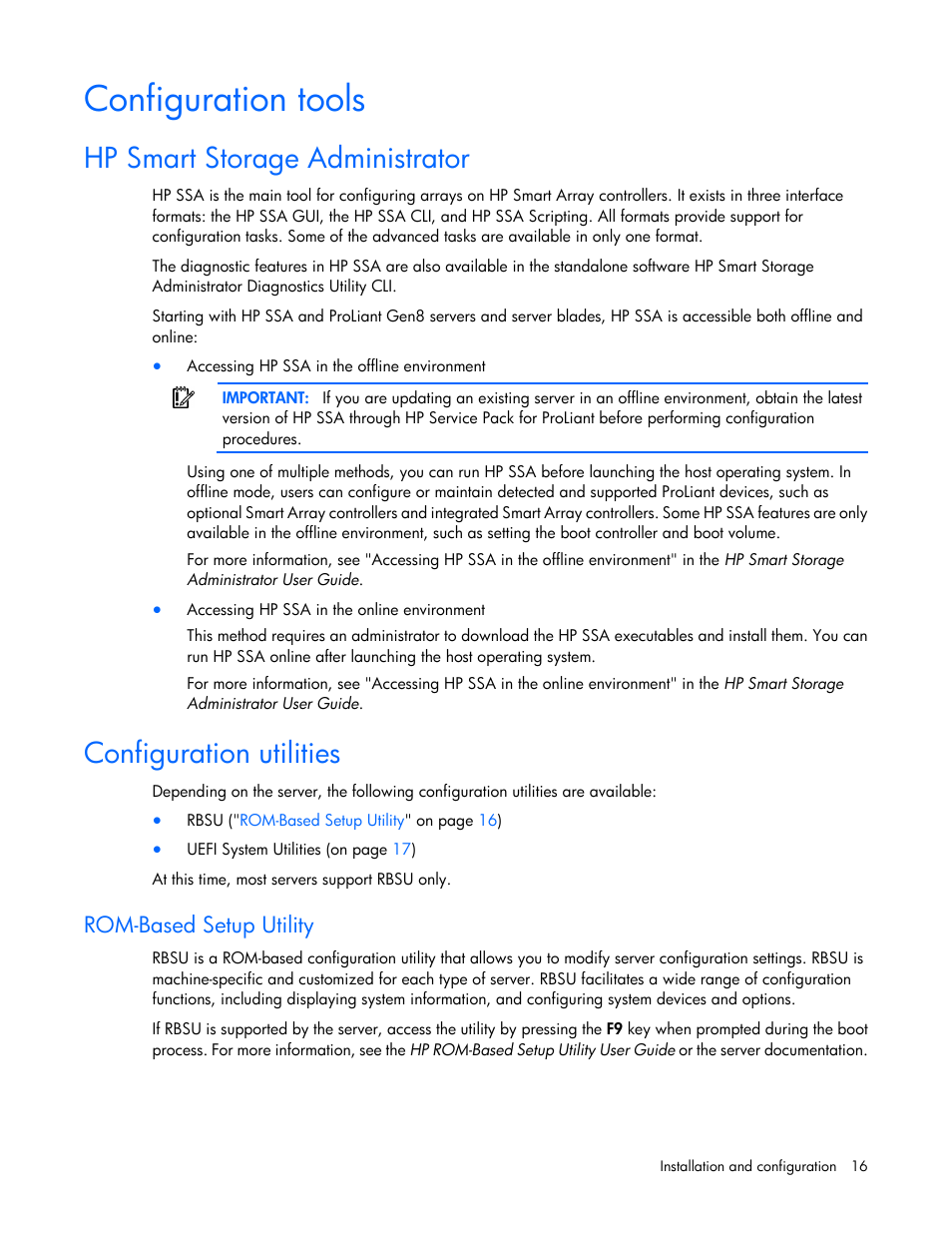 Configuration tools, Hp smart storage administrator, Configuration utilities | Rom-based setup utility | HP Smart Array P830 Controller User Manual | Page 16 / 45