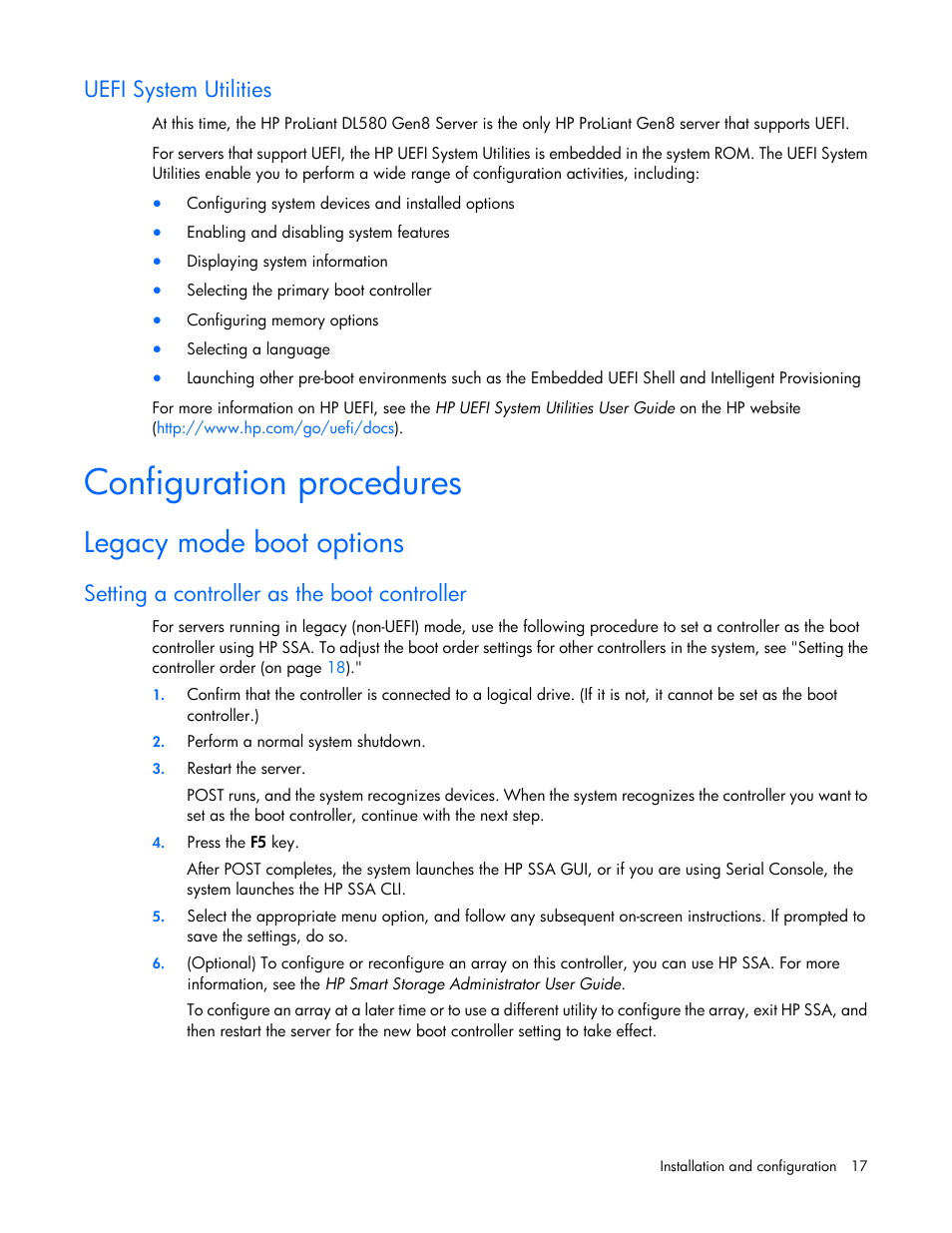Uefi system utilities, Configuration procedures, Legacy mode boot options | Setting a controller as the boot controller | HP Smart Array P830 Controller User Manual | Page 17 / 45