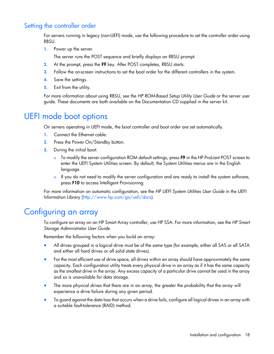 Setting the controller order, Uefi mode boot options, Configuring an array | HP Smart Array P830 Controller User Manual | Page 18 / 45