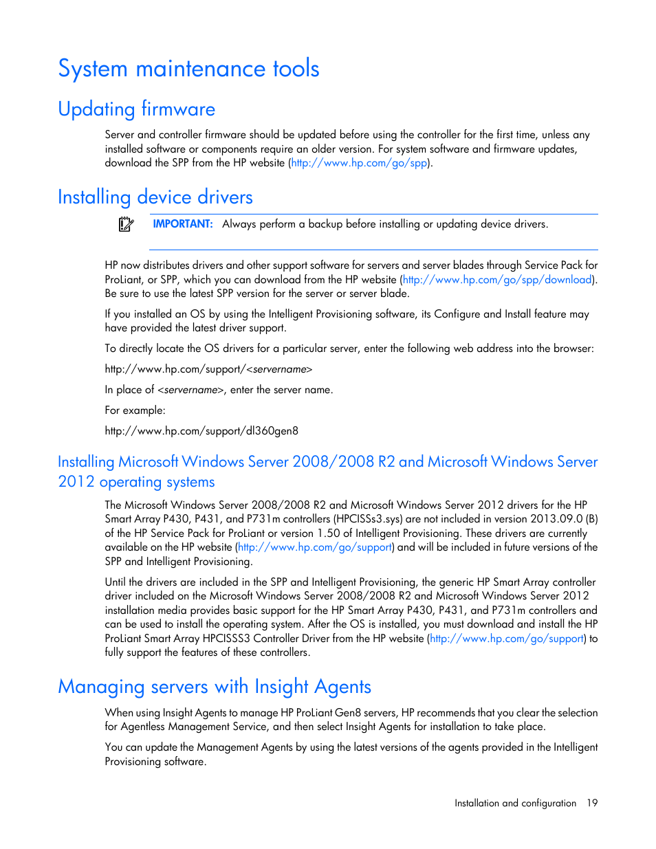 System maintenance tools, Updating firmware, Installing device drivers | Managing servers with insight agents, Updating, Firmware | HP Smart Array P830 Controller User Manual | Page 19 / 45