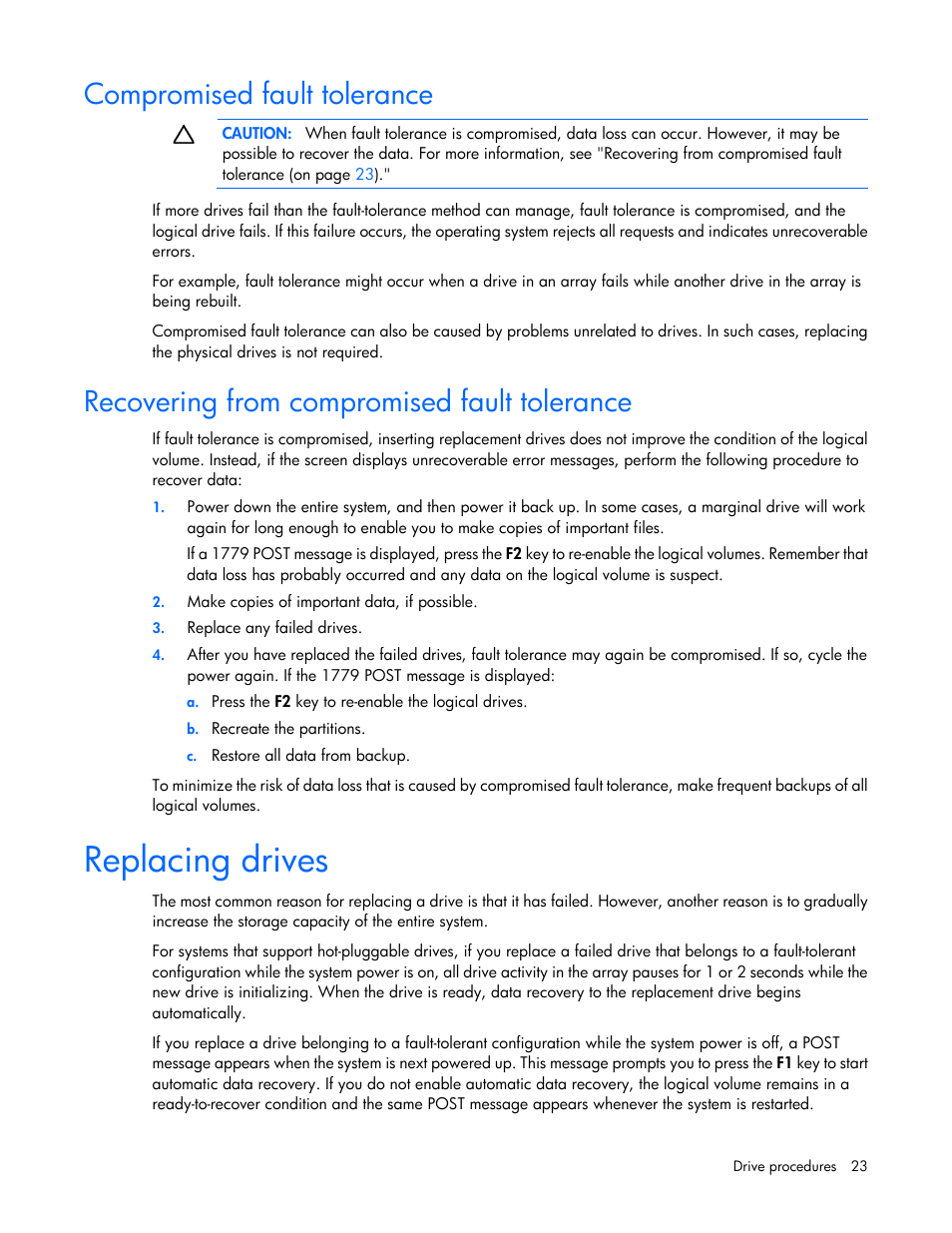 Compromised fault tolerance, Recovering from compromised fault tolerance, Replacing drives | HP Smart Array P830 Controller User Manual | Page 23 / 45