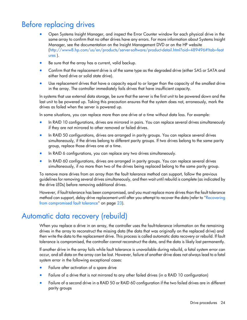 Before replacing drives, Automatic data recovery (rebuild) | HP Smart Array P830 Controller User Manual | Page 24 / 45