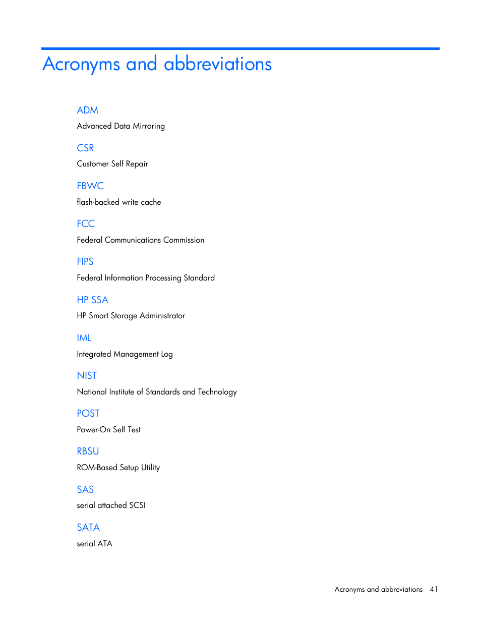 Acronyms and abbreviations | HP Smart Array P830 Controller User Manual | Page 41 / 45