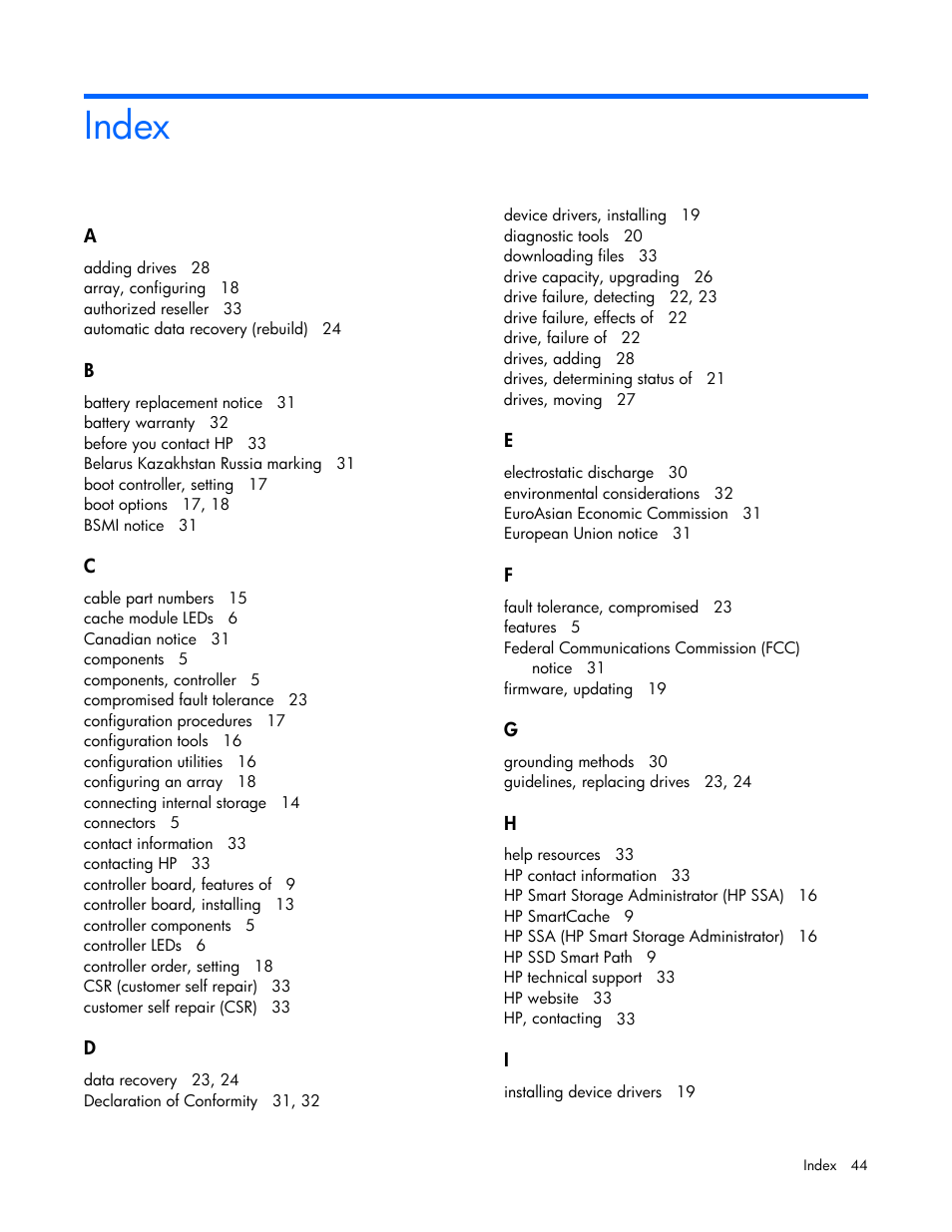 Index | HP Smart Array P830 Controller User Manual | Page 44 / 45