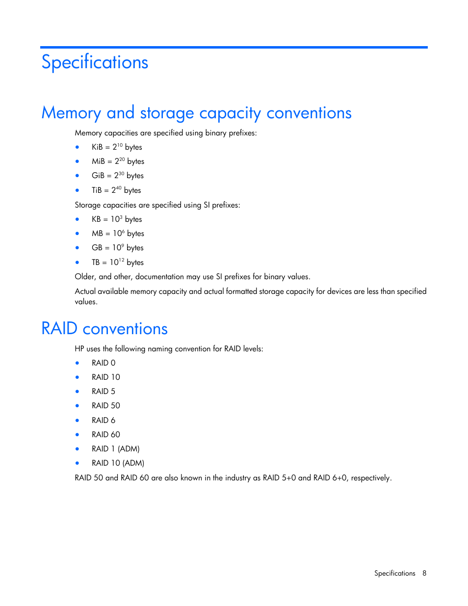Specifications, Memory and storage capacity conventions, Raid conventions | HP Smart Array P830 Controller User Manual | Page 8 / 45