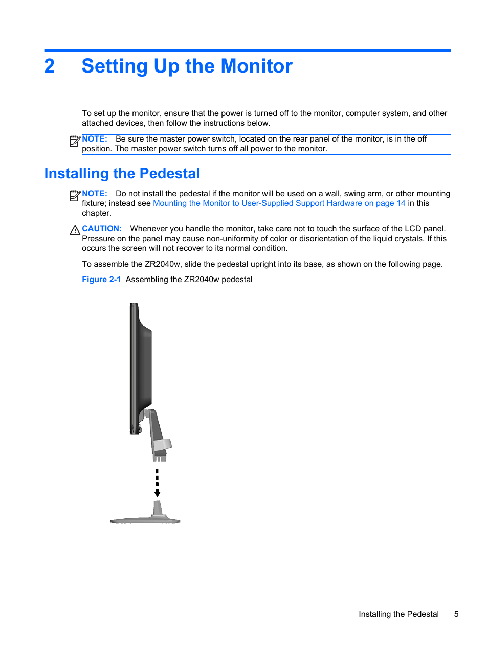 Setting up the monitor, Installing the pedestal, 2 setting up the monitor | 2setting up the monitor | HP ZR2740w 27-inch LED Backlit IPS Monitor User Manual | Page 11 / 42