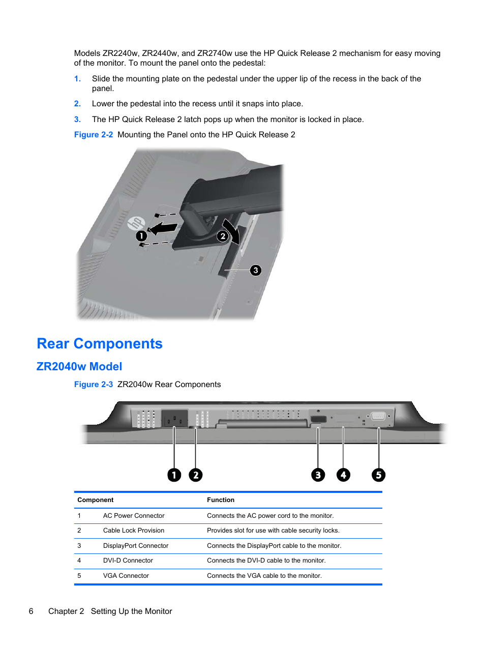 Rear components, Zr2040w model | HP ZR2740w 27-inch LED Backlit IPS Monitor User Manual | Page 12 / 42