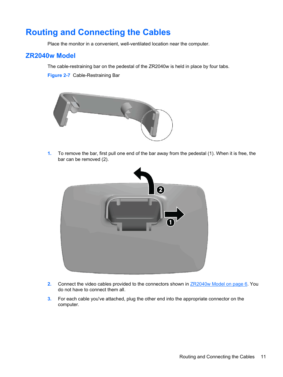 Routing and connecting the cables, Zr2040w model | HP ZR2740w 27-inch LED Backlit IPS Monitor User Manual | Page 17 / 42