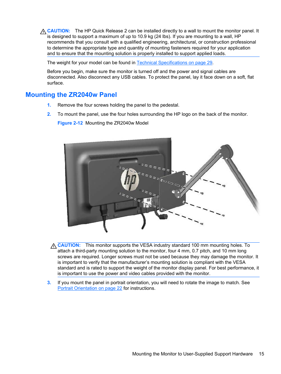 Mounting the zr2040w panel | HP ZR2740w 27-inch LED Backlit IPS Monitor User Manual | Page 21 / 42