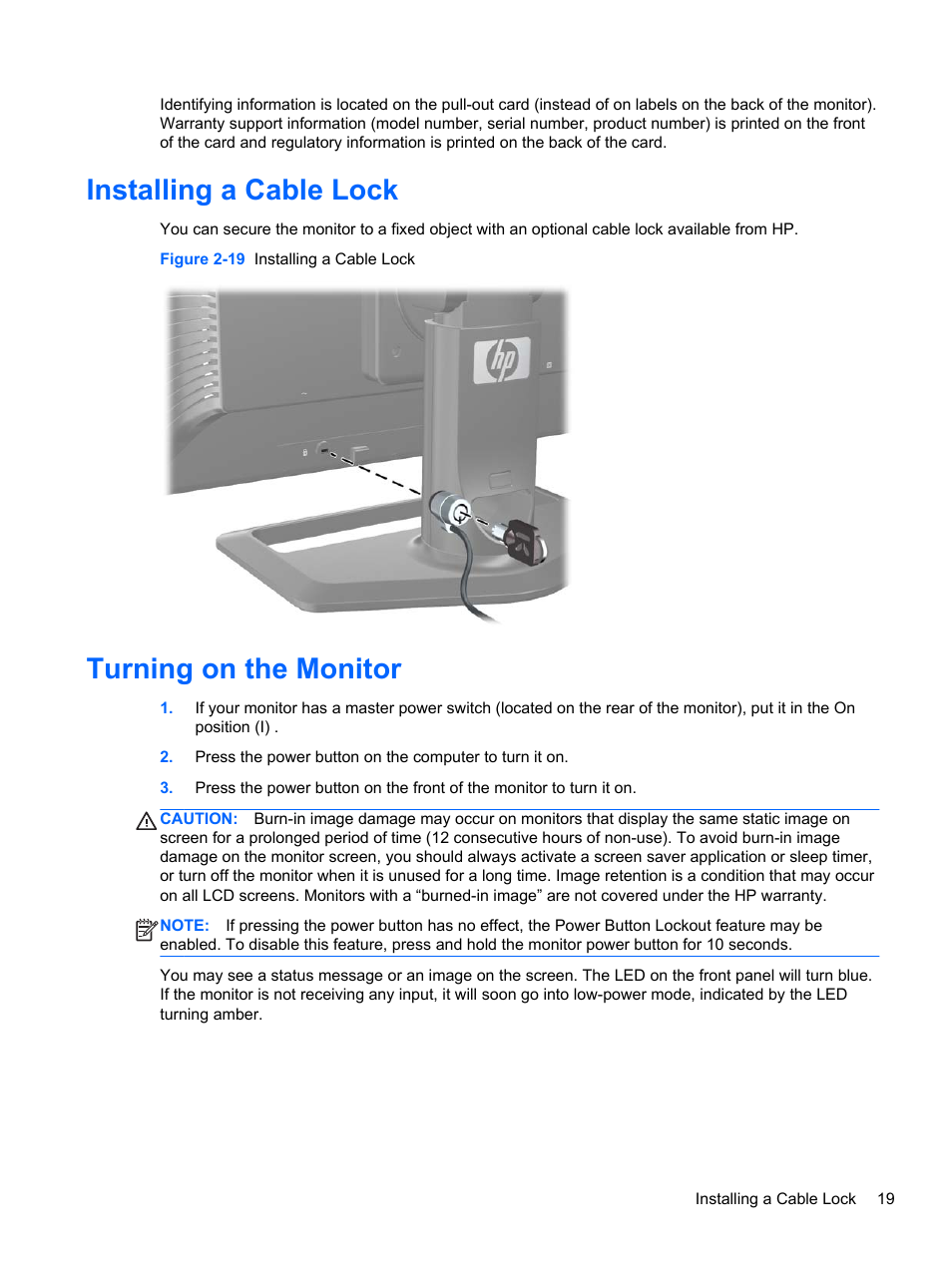 Installing a cable lock, Turning on the monitor, Installing a cable lock turning on the monitor | HP ZR2740w 27-inch LED Backlit IPS Monitor User Manual | Page 25 / 42