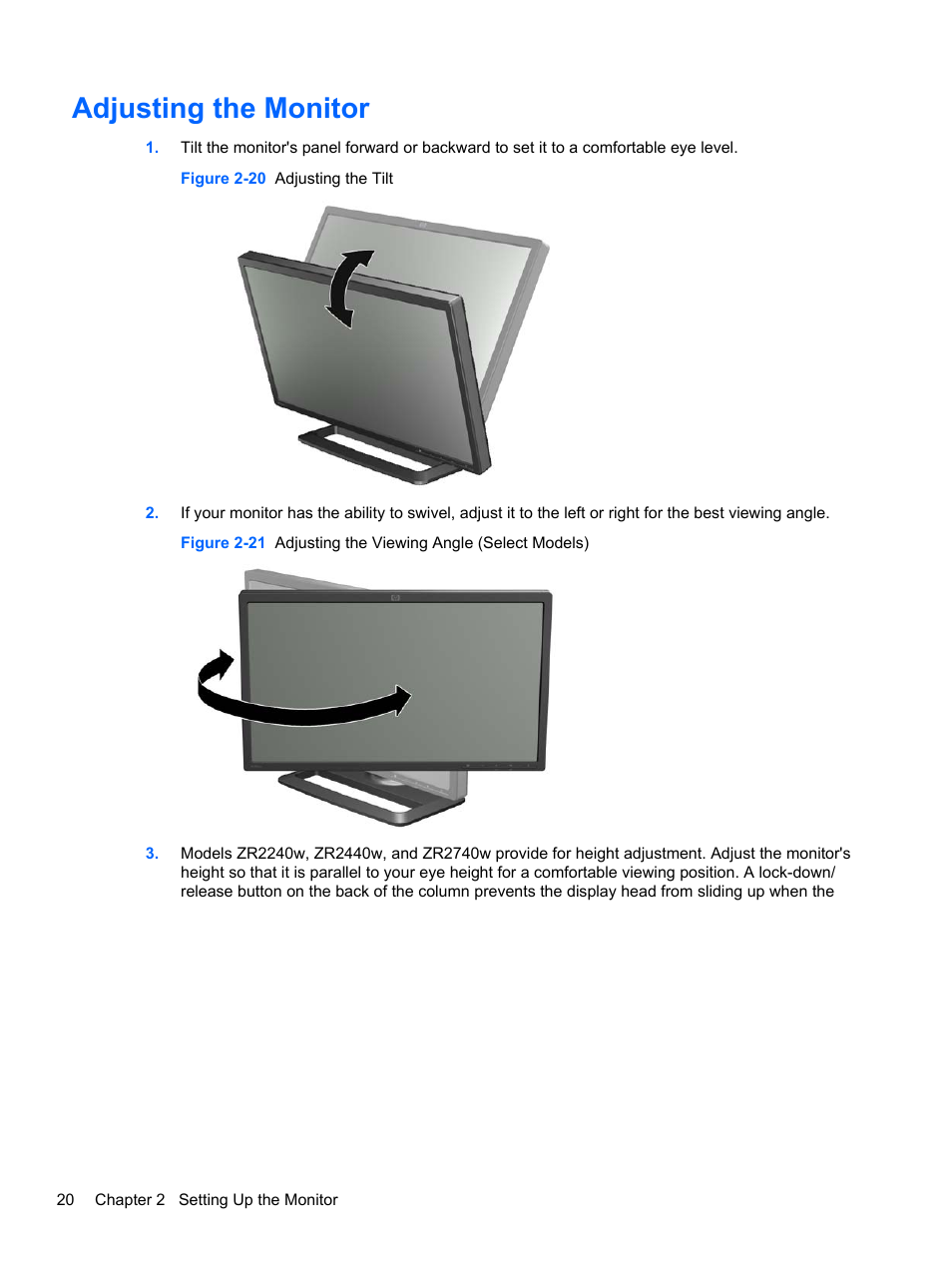 Adjusting the monitor | HP ZR2740w 27-inch LED Backlit IPS Monitor User Manual | Page 26 / 42