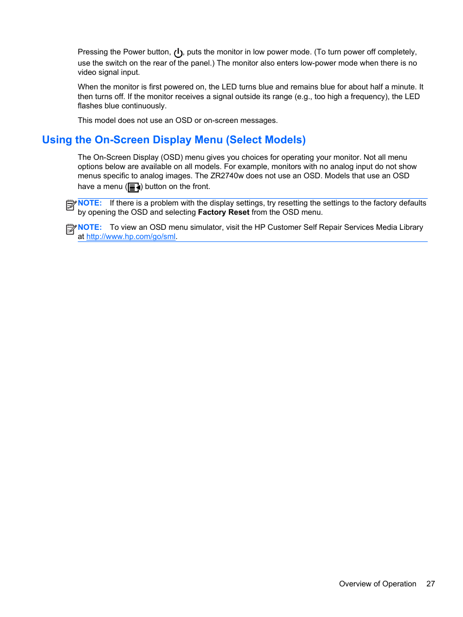 Using the on-screen display menu (select models) | HP ZR2740w 27-inch LED Backlit IPS Monitor User Manual | Page 33 / 42