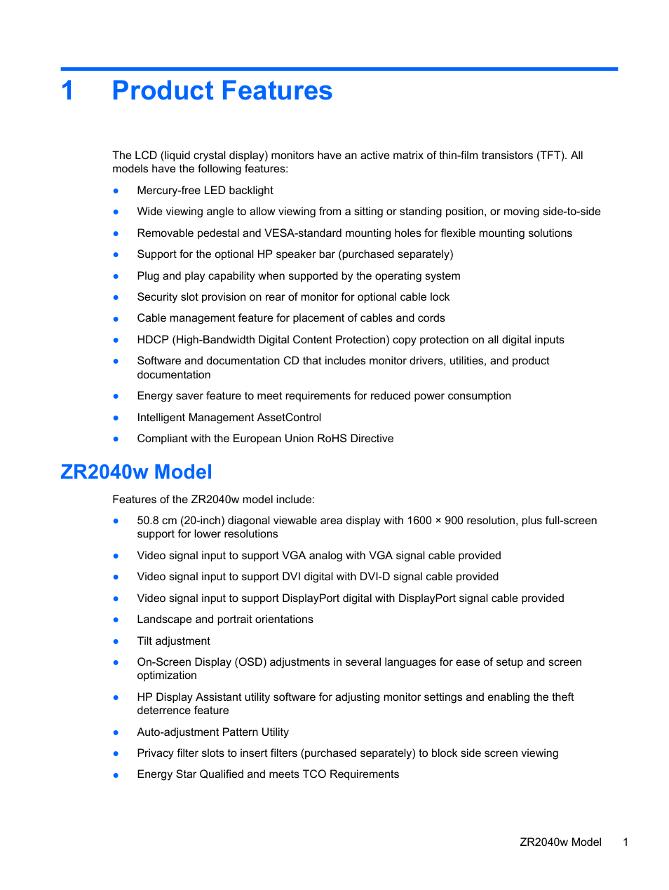 Product features, Zr2040w model, 1 product features | 1product features | HP ZR2740w 27-inch LED Backlit IPS Monitor User Manual | Page 7 / 42