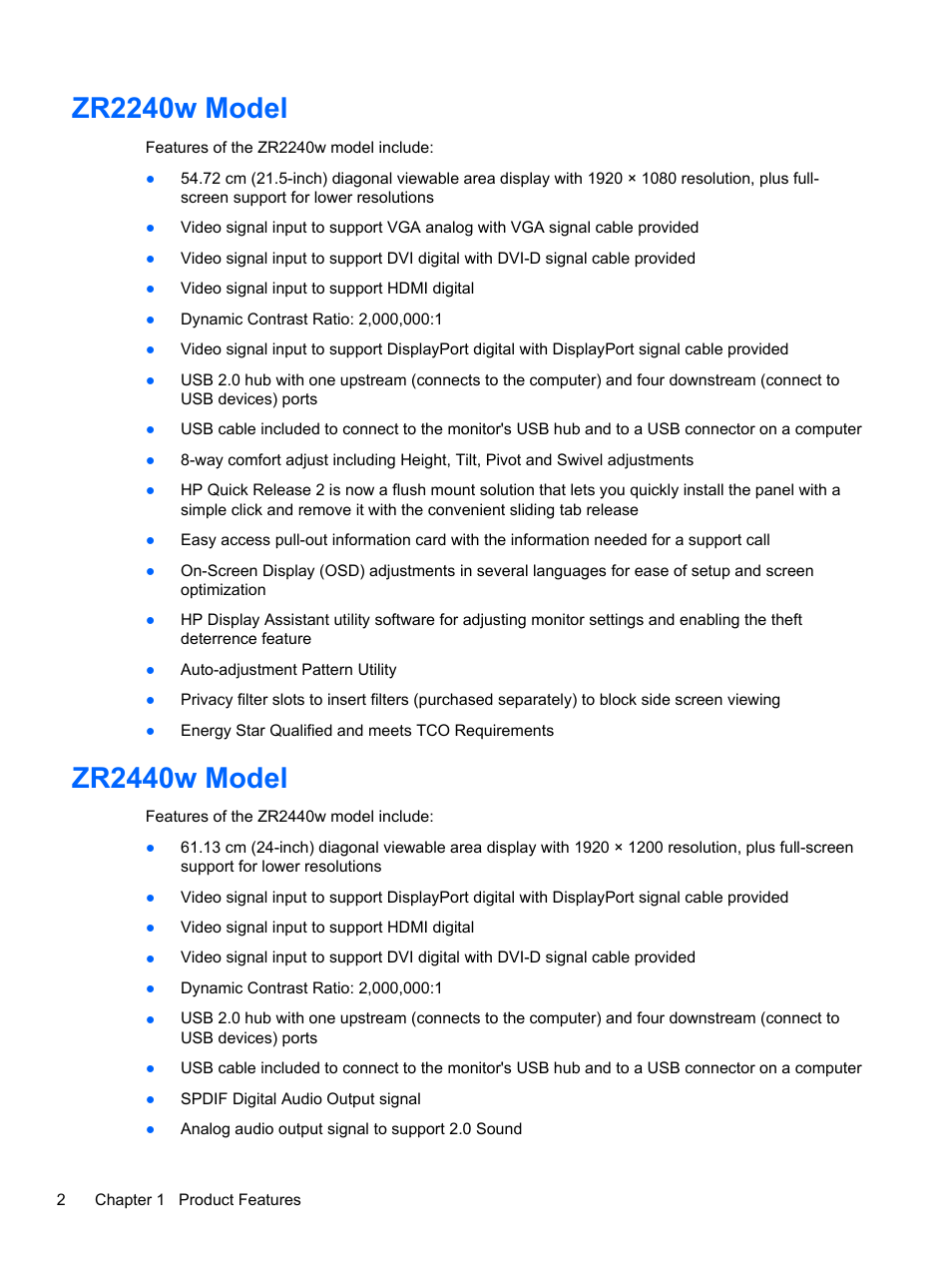 Zr2240w model, Zr2440w model, Zr2240w model zr2440w model | HP ZR2740w 27-inch LED Backlit IPS Monitor User Manual | Page 8 / 42