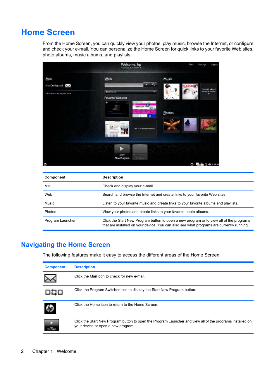 Home screen, Navigating the home screen | HP Mini 1132TU PC User Manual | Page 12 / 99