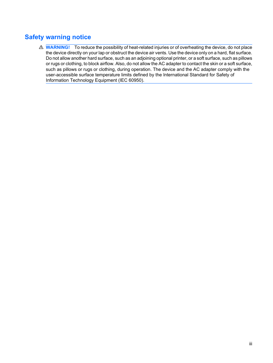 Safety warning notice | HP Mini 1132TU PC User Manual | Page 3 / 99