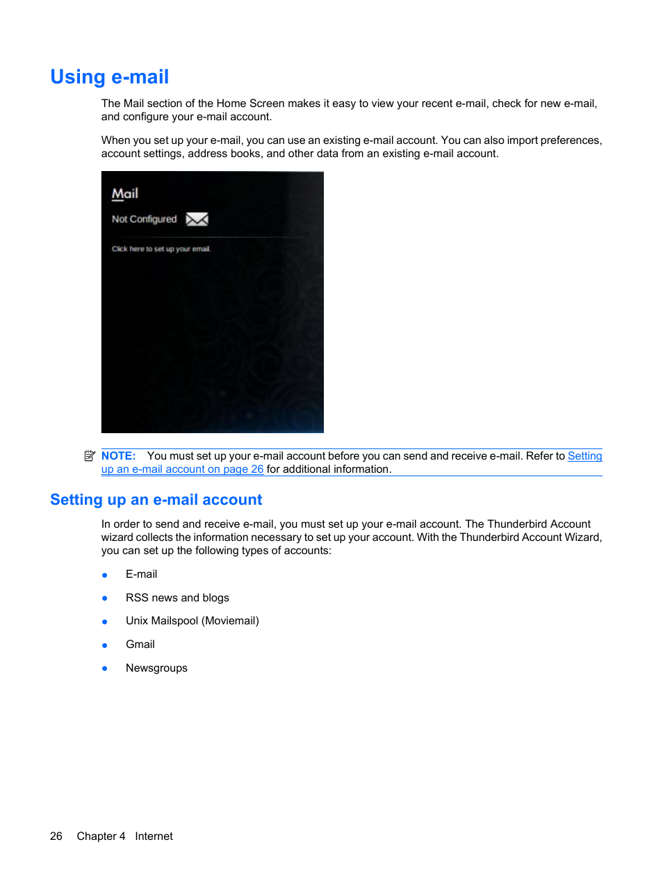 Using e-mail, Setting up an e-mail account | HP Mini 1132TU PC User Manual | Page 36 / 99