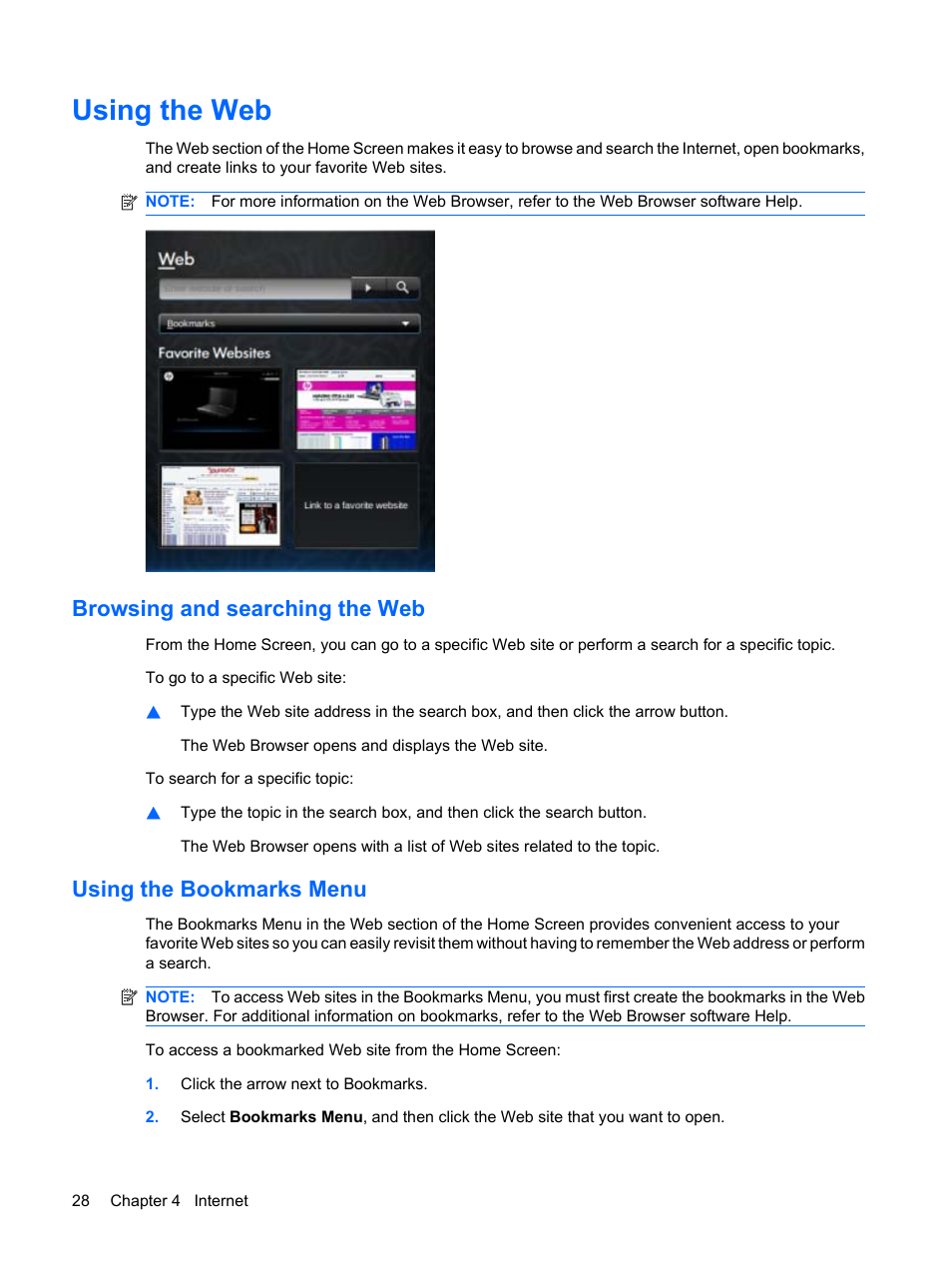 Using the web, Browsing and searching the web, Using the bookmarks menu | HP Mini 1132TU PC User Manual | Page 38 / 99