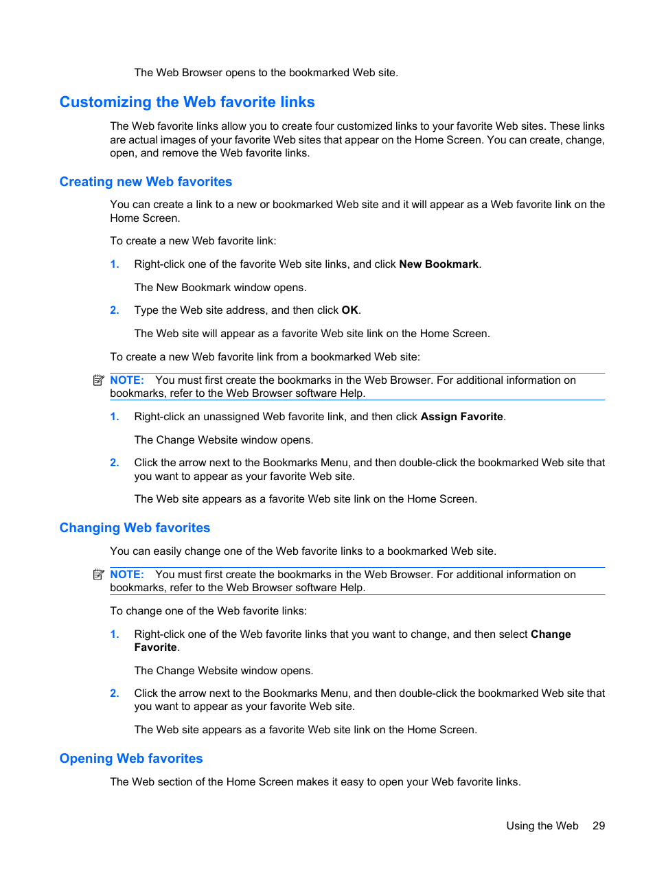 Customizing the web favorite links, Creating new web favorites, Changing web favorites | Opening web favorites | HP Mini 1132TU PC User Manual | Page 39 / 99