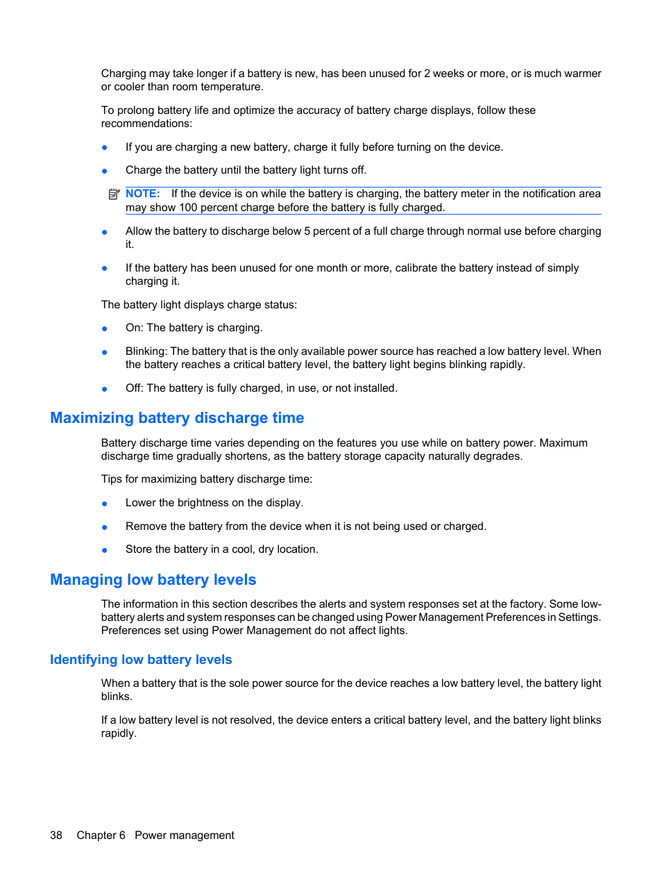 Maximizing battery discharge time, Managing low battery levels, Identifying low battery levels | HP Mini 1132TU PC User Manual | Page 48 / 99