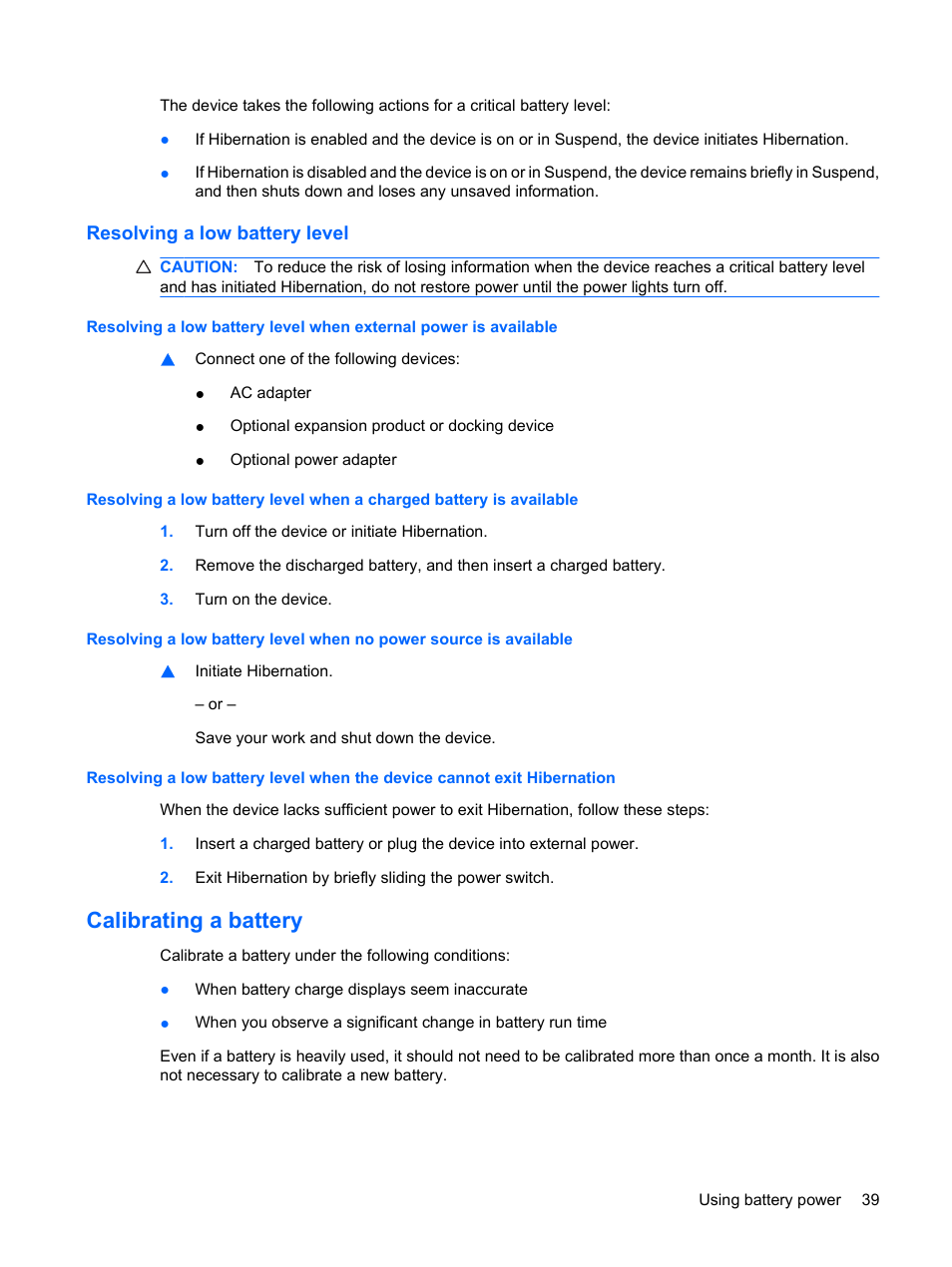 Resolving a low battery level, Calibrating a battery | HP Mini 1132TU PC User Manual | Page 49 / 99