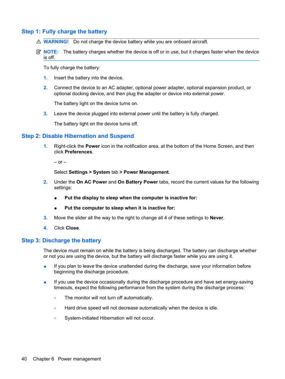 Step 1: fully charge the battery, Step 2: disable hibernation and suspend, Step 3: discharge the battery | HP Mini 1132TU PC User Manual | Page 50 / 99