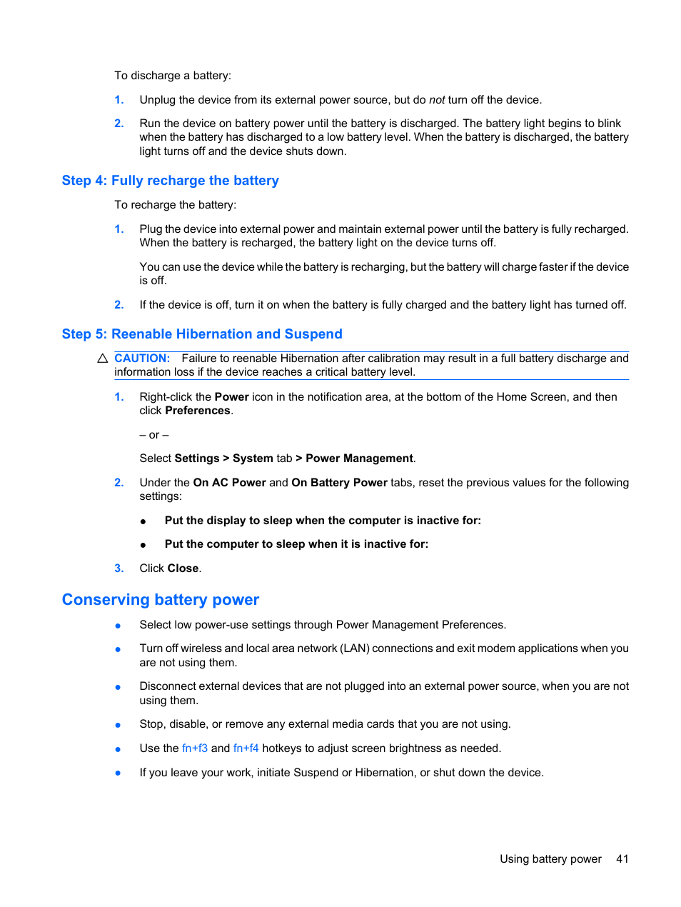 Step 4: fully recharge the battery, Step 5: reenable hibernation and suspend, Conserving battery power | HP Mini 1132TU PC User Manual | Page 51 / 99