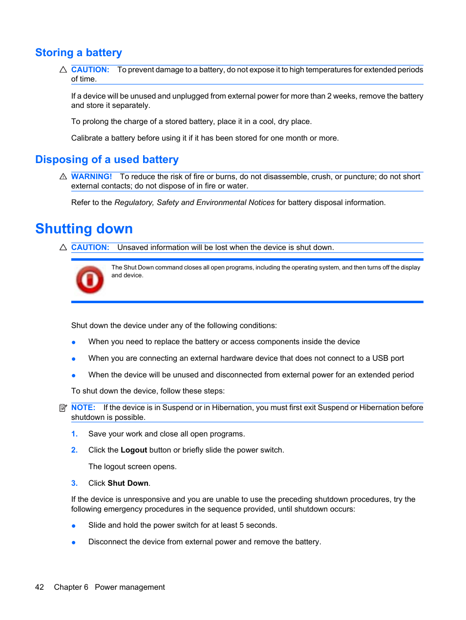 Storing a battery, Disposing of a used battery, Shutting down | Storing a battery disposing of a used battery | HP Mini 1132TU PC User Manual | Page 52 / 99