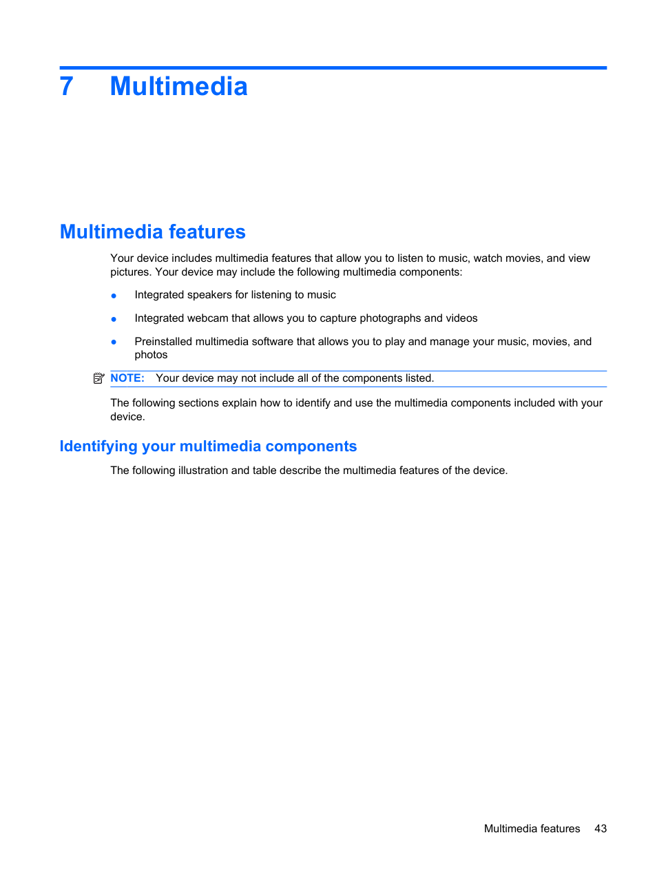 Multimedia, Multimedia features, Identifying your multimedia components | 7 multimedia, 7multimedia | HP Mini 1132TU PC User Manual | Page 53 / 99