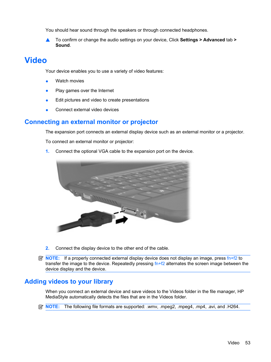 Video, Connecting an external monitor or projector, Adding videos to your library | HP Mini 1132TU PC User Manual | Page 63 / 99