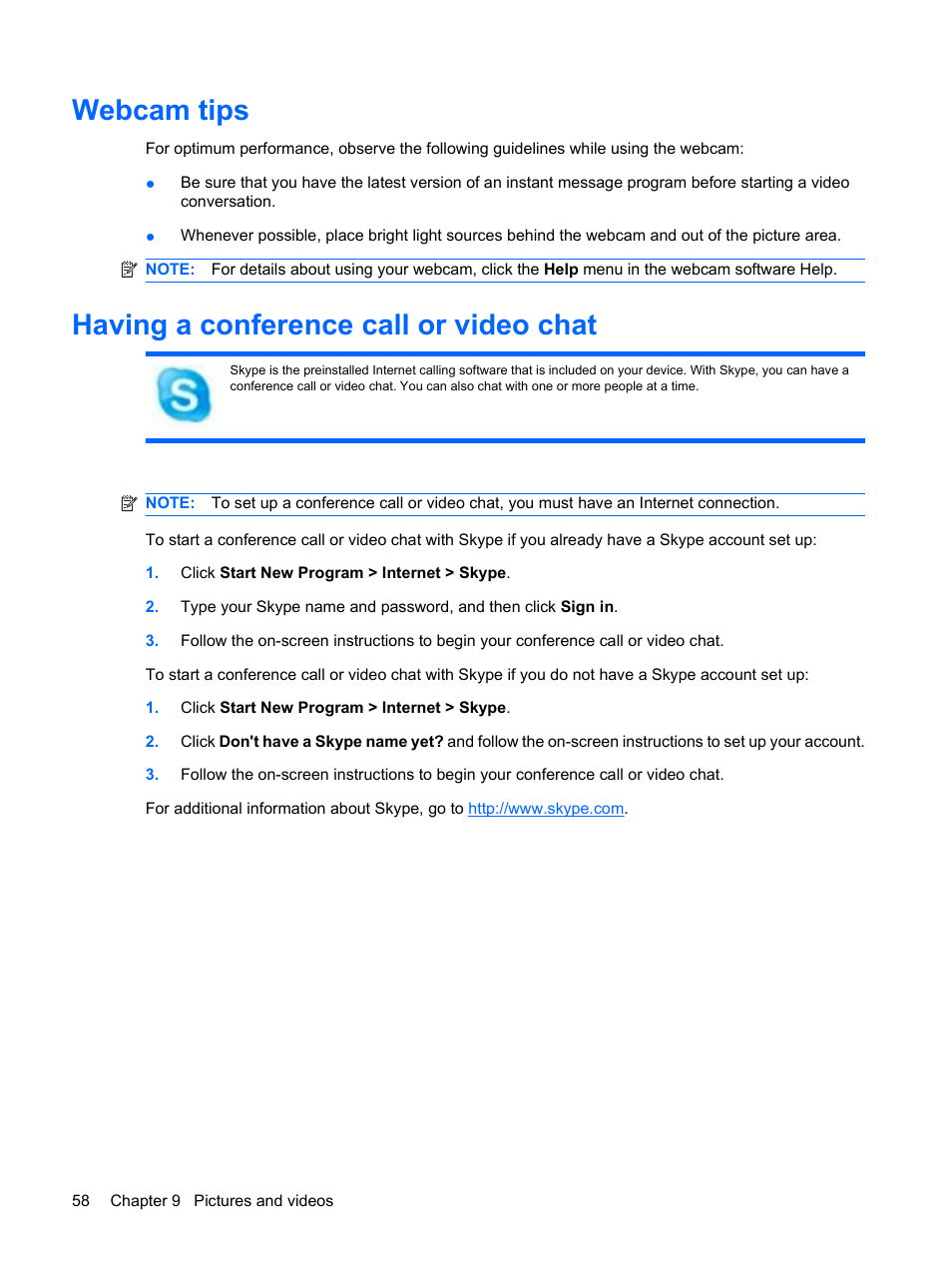 Webcam tips, Having a conference call or video chat, Webcam tips having a conference call or video chat | HP Mini 1132TU PC User Manual | Page 68 / 99