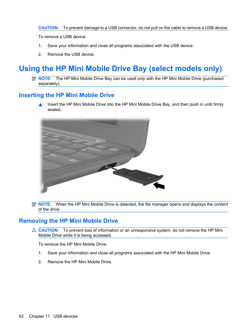 Inserting the hp mini mobile drive, Removing the hp mini mobile drive | HP Mini 1132TU PC User Manual | Page 72 / 99