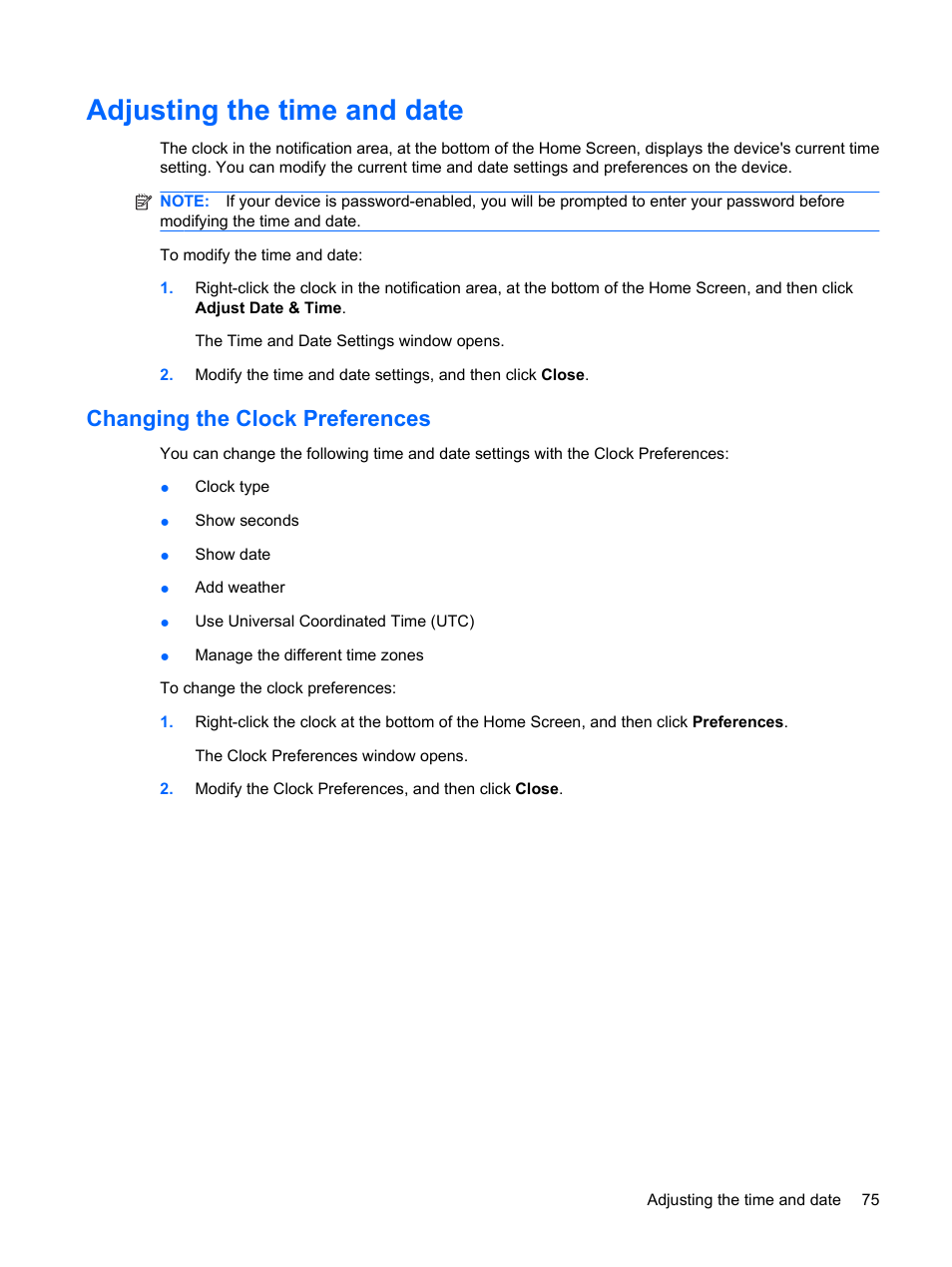 Adjusting the time and date, Changing the clock preferences | HP Mini 1132TU PC User Manual | Page 85 / 99