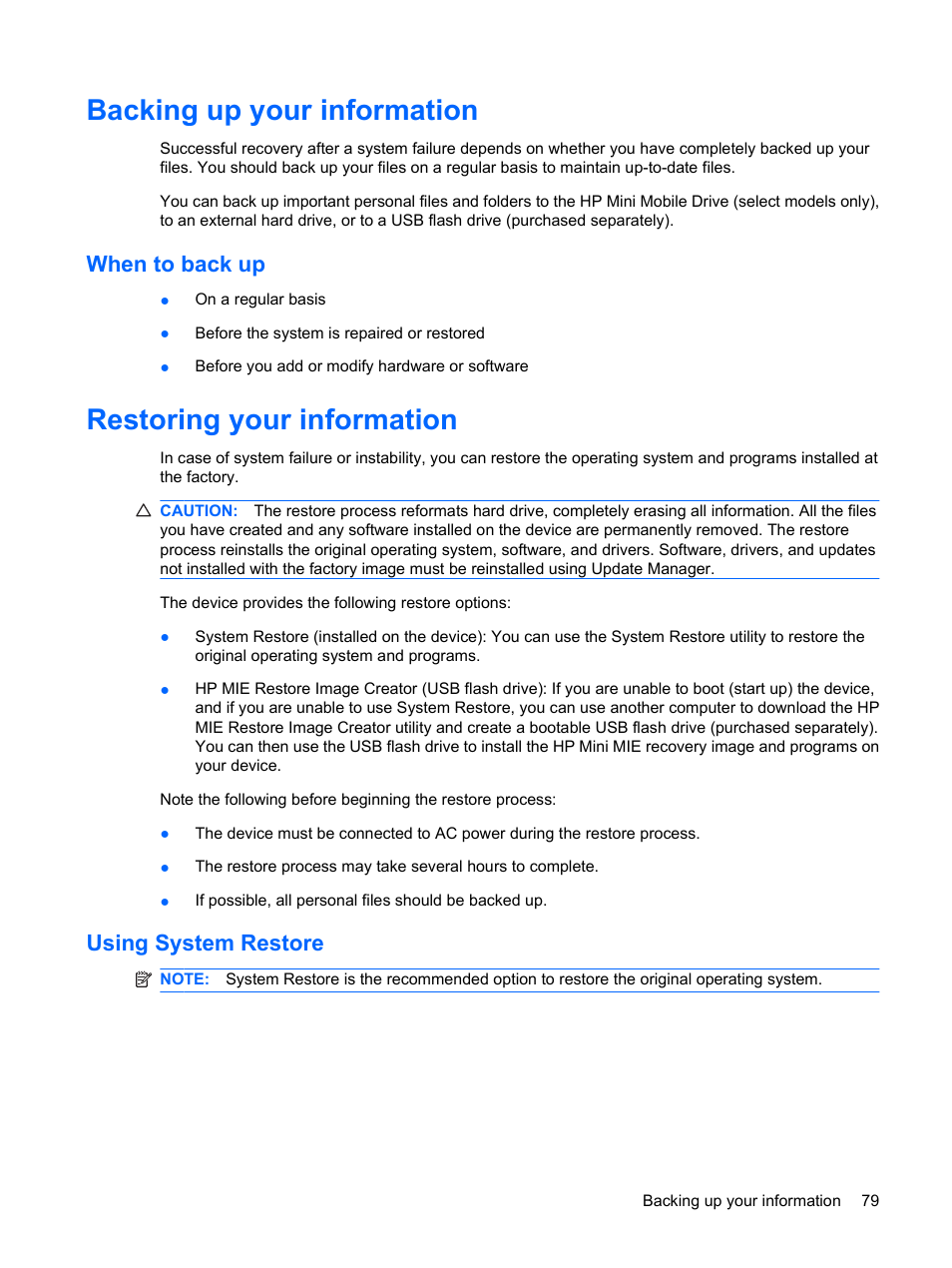 Backing up your information, When to back up, Restoring your information | Using system restore | HP Mini 1132TU PC User Manual | Page 89 / 99
