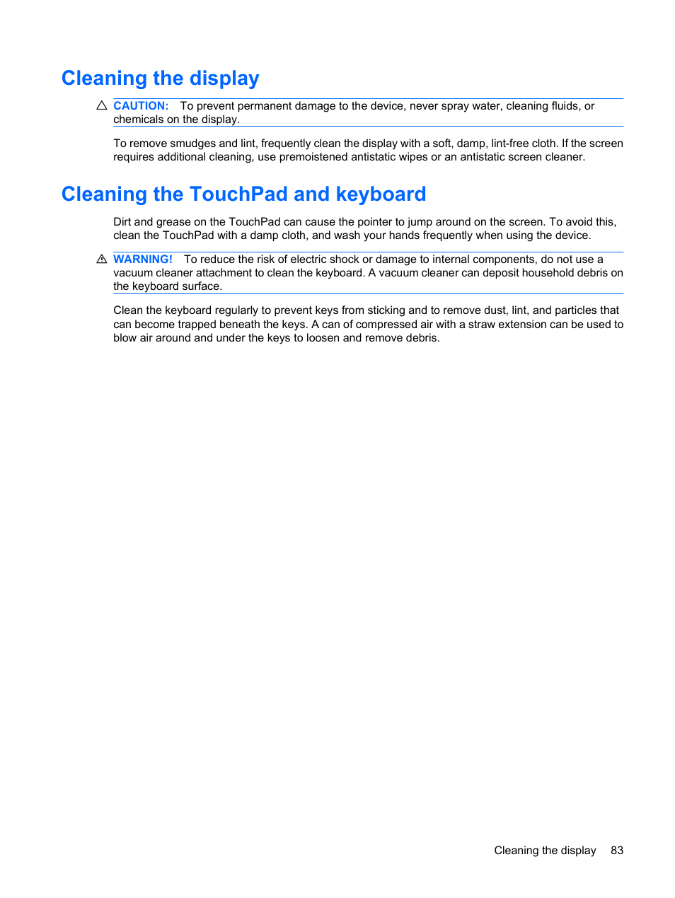 Cleaning the display, Cleaning the touchpad and keyboard | HP Mini 1132TU PC User Manual | Page 93 / 99