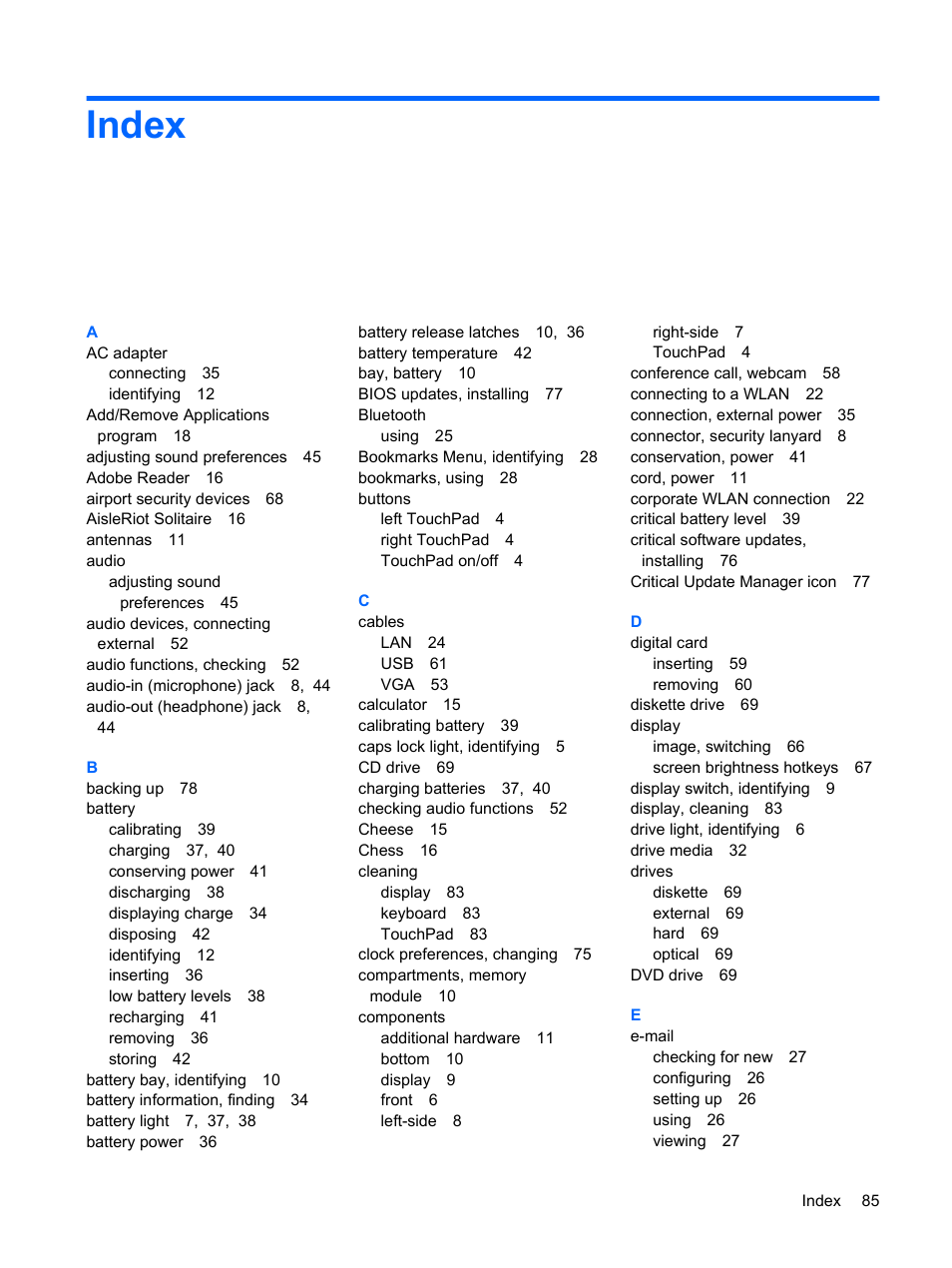 Index | HP Mini 1132TU PC User Manual | Page 95 / 99