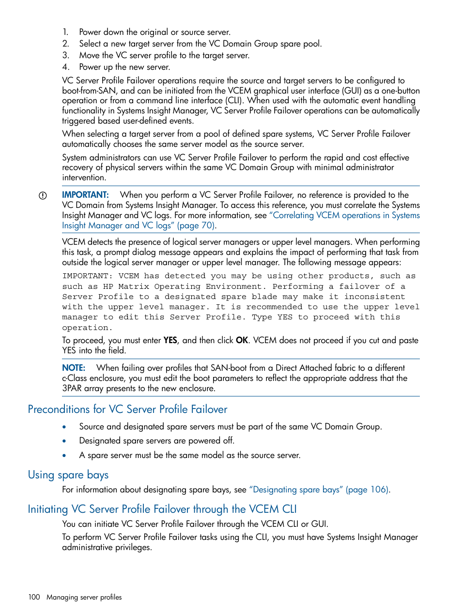 Preconditions for vc server profile failover, Using spare bays | HP Virtual Connect Enterprise Manager Software User Manual | Page 100 / 159