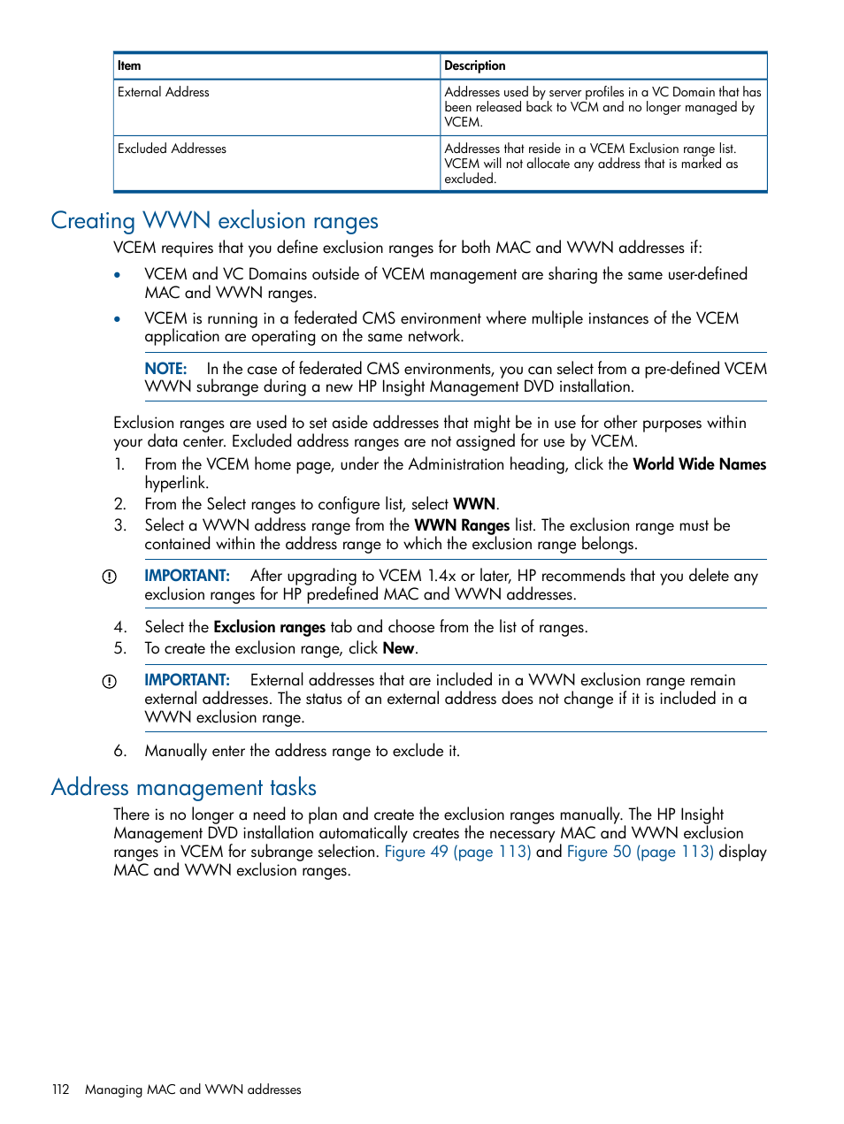 Creating wwn exclusion ranges, Address management tasks, Creating wwn | HP Virtual Connect Enterprise Manager Software User Manual | Page 112 / 159